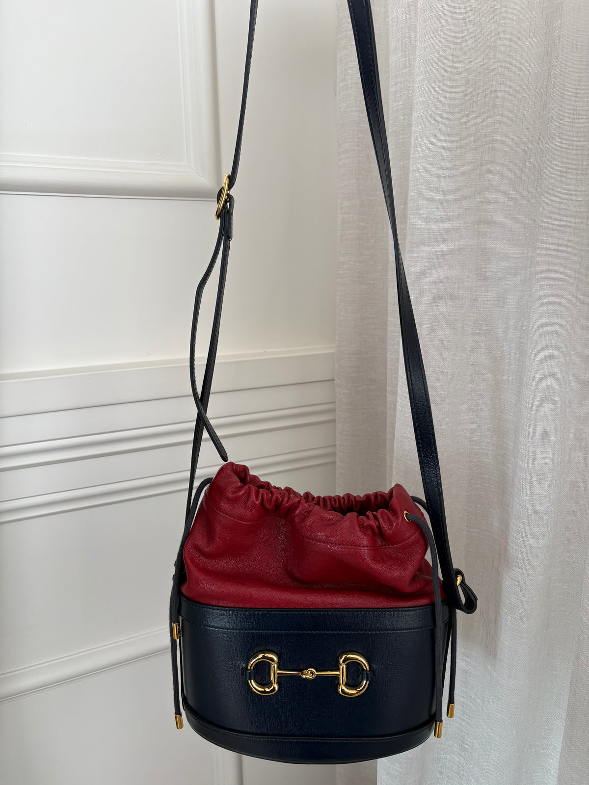 Gucci Navy and Red Leather Horsebit Drawsting Bucket Bag