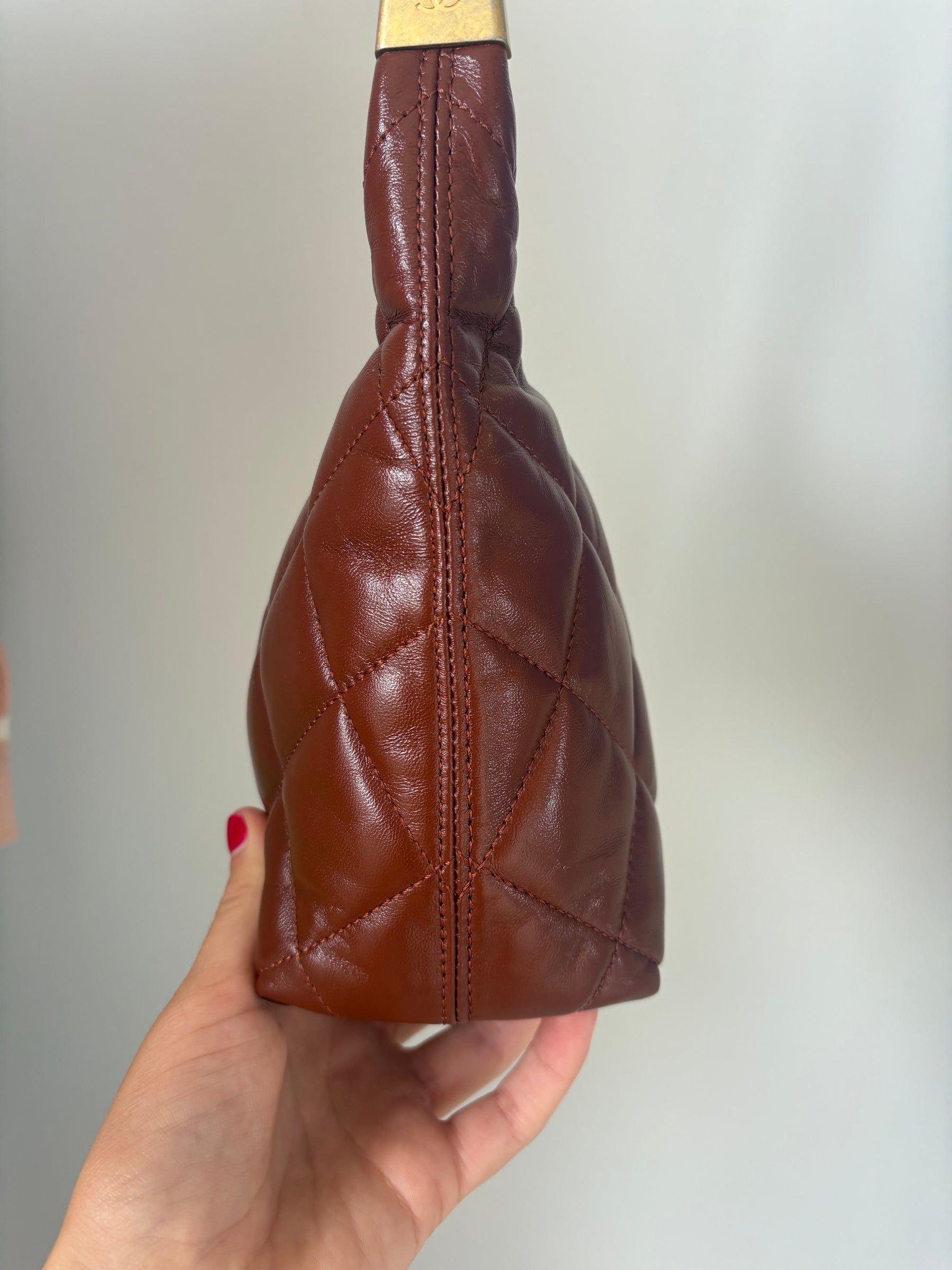 Chanel Tan Shiny Lambskin Leather Small Hobo Bag