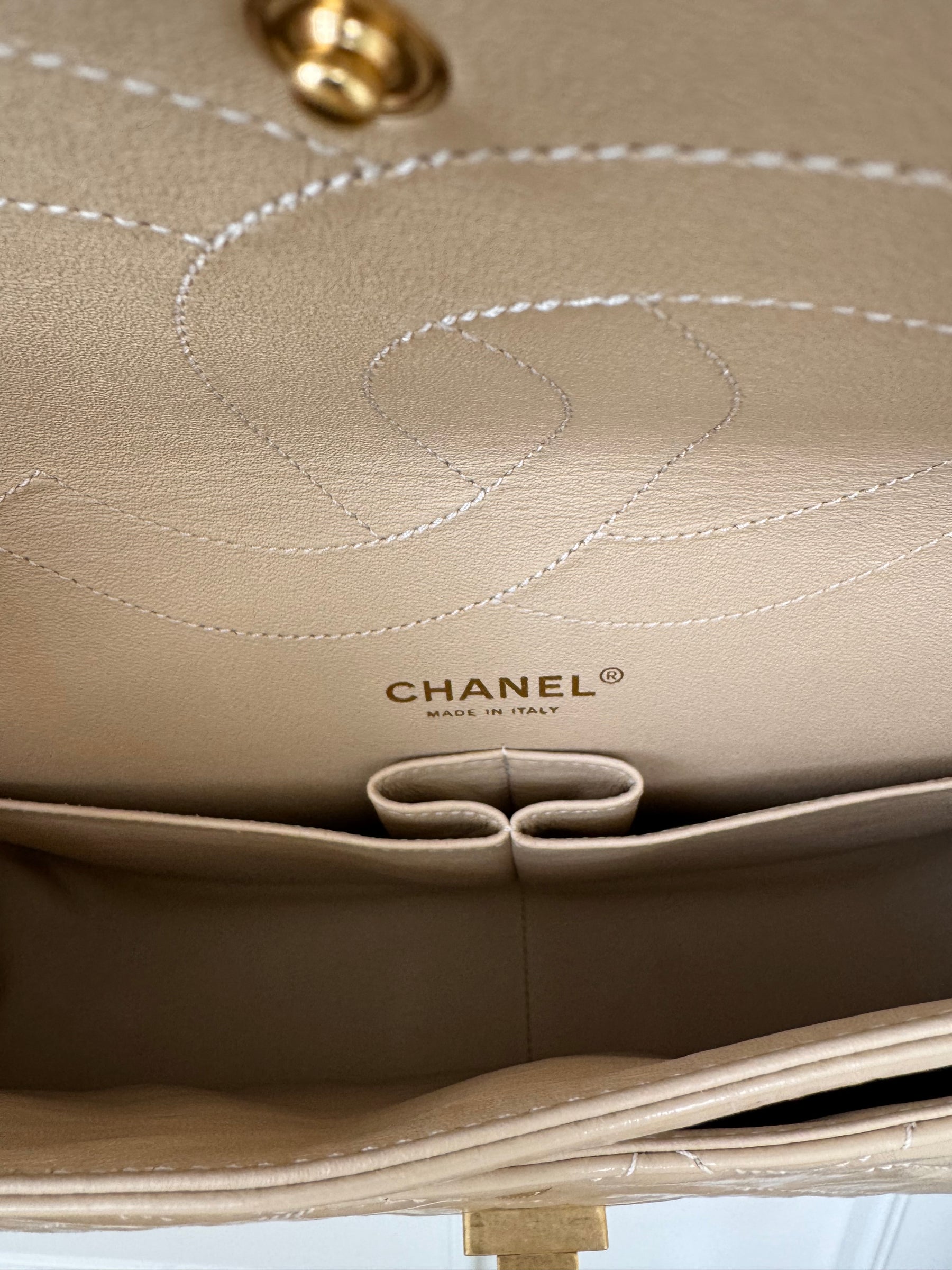 Chanel Beige Patent Leather Reissue 2.55 Jumbo Flap Bag