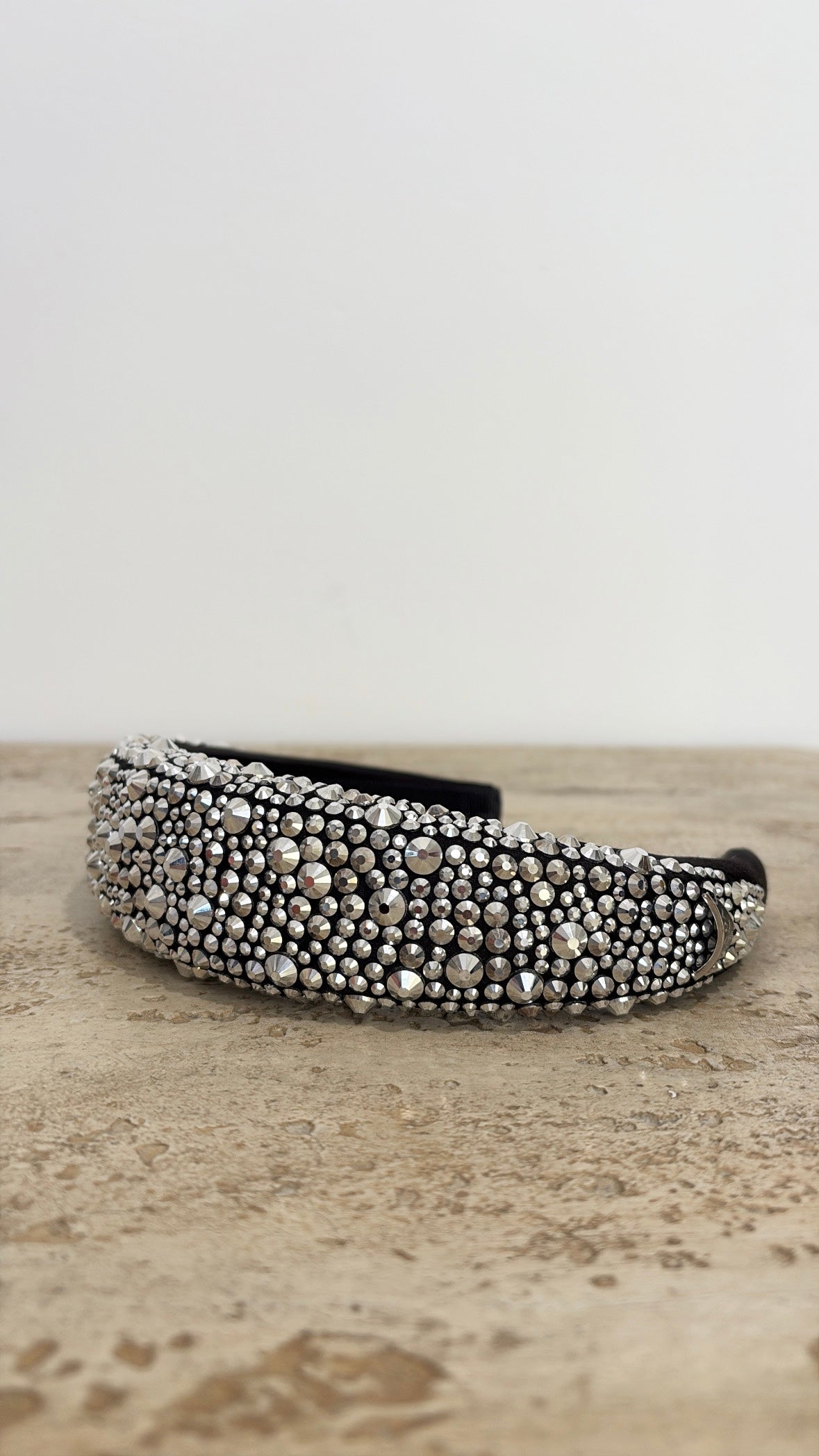 Prada Black and Crystal Studded Logo Headband