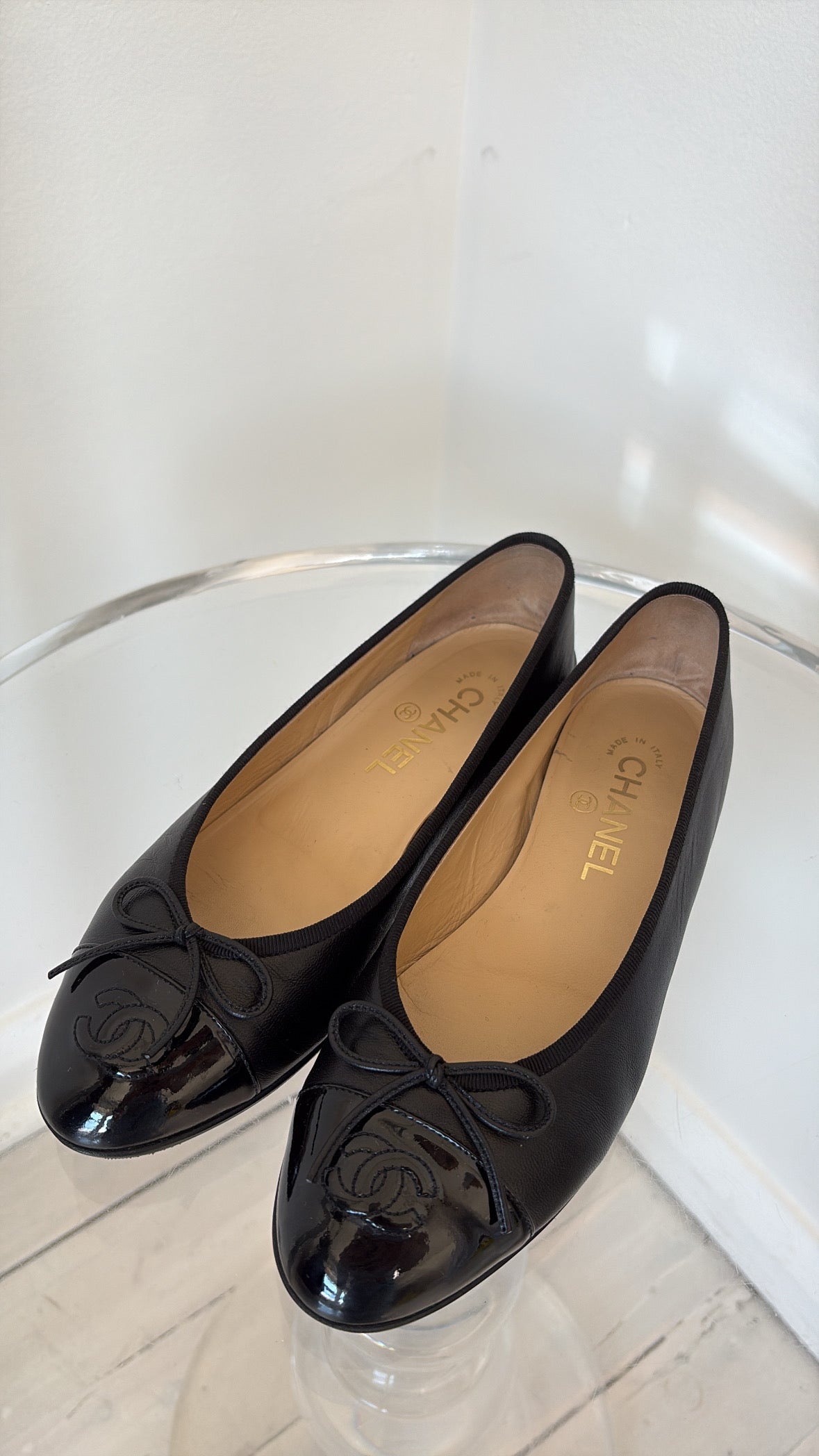 Chanel Black Leather and Patent Ballet Flat, 37.5C