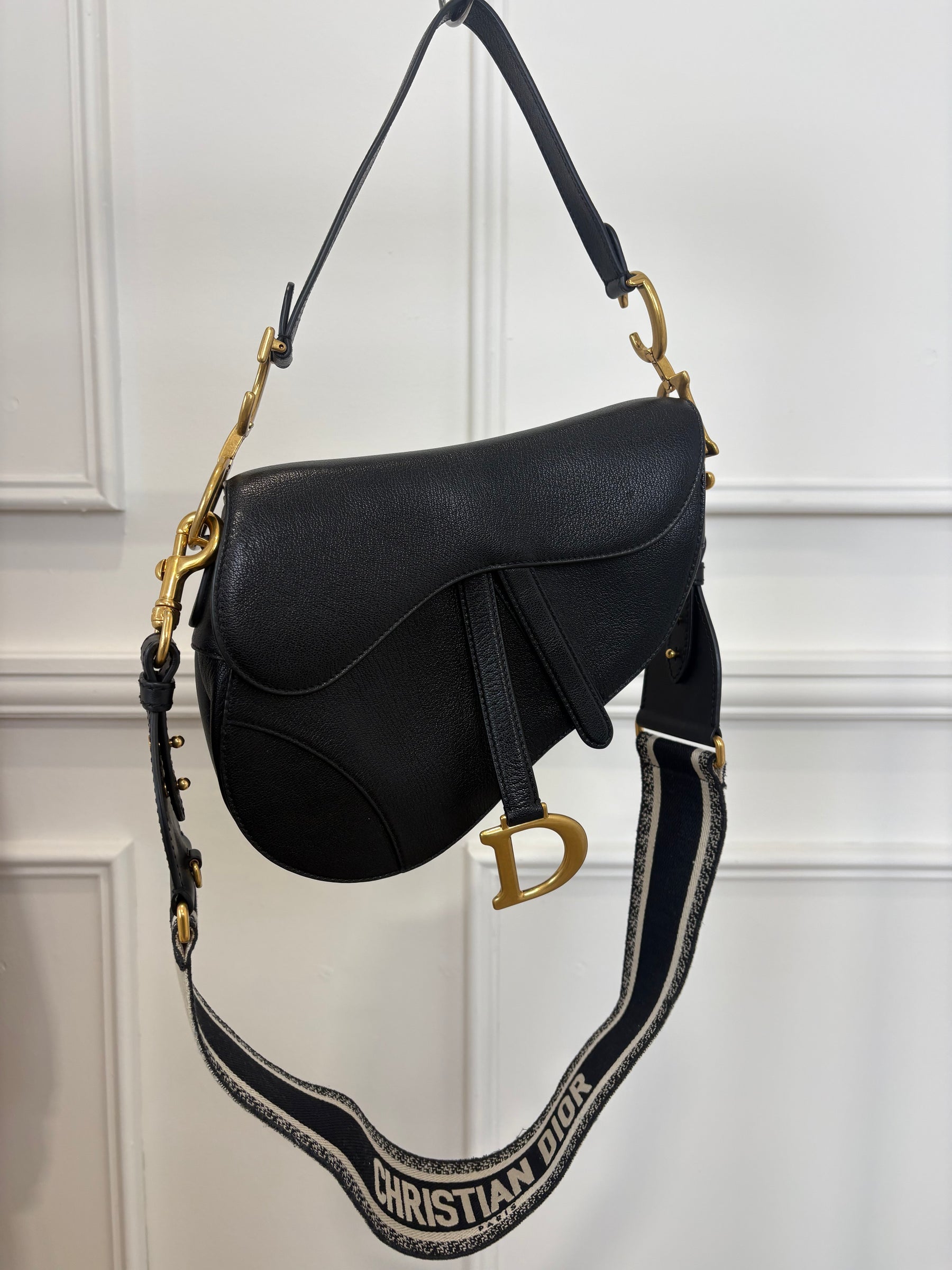 Dior Saddle Bag With Strap Black Grained Leather