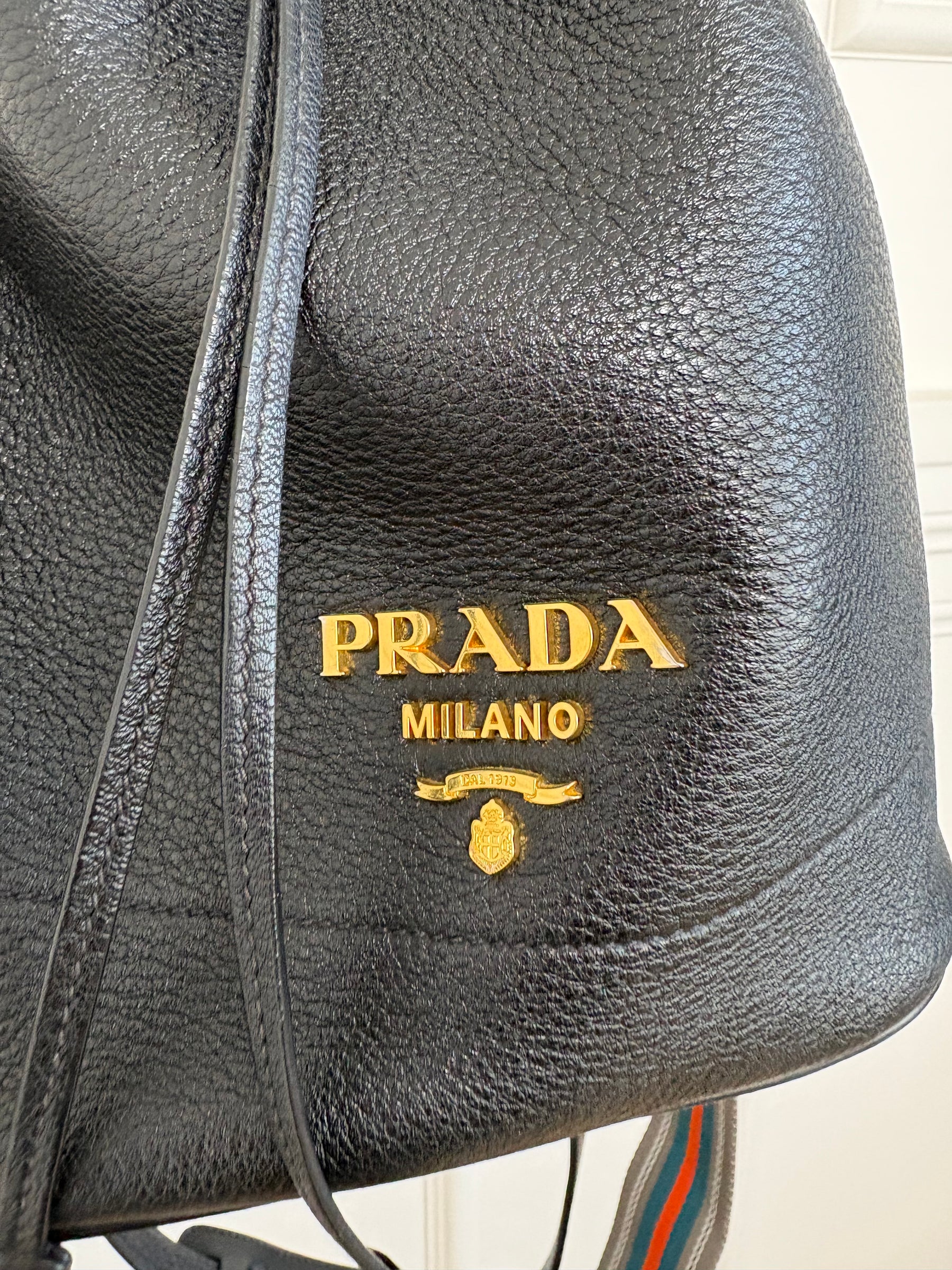 Prada Black Grained Leather Logo Bucket Bag
