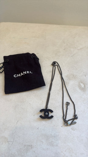 Chanel Black Metal CC Camellia Flower Necklace