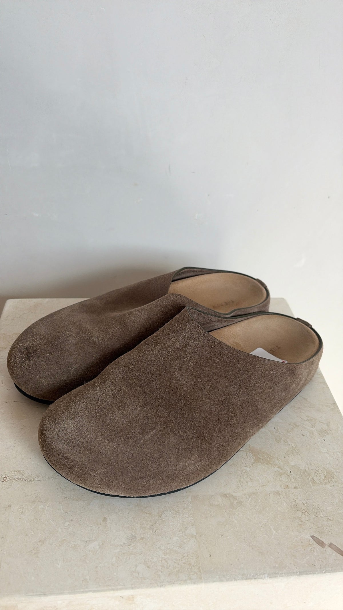 The Row Hugo Suede Slides Taupe, 37.5