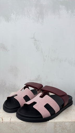 Hermès Rouge Chypre Leather And Canvas Sandals, 39