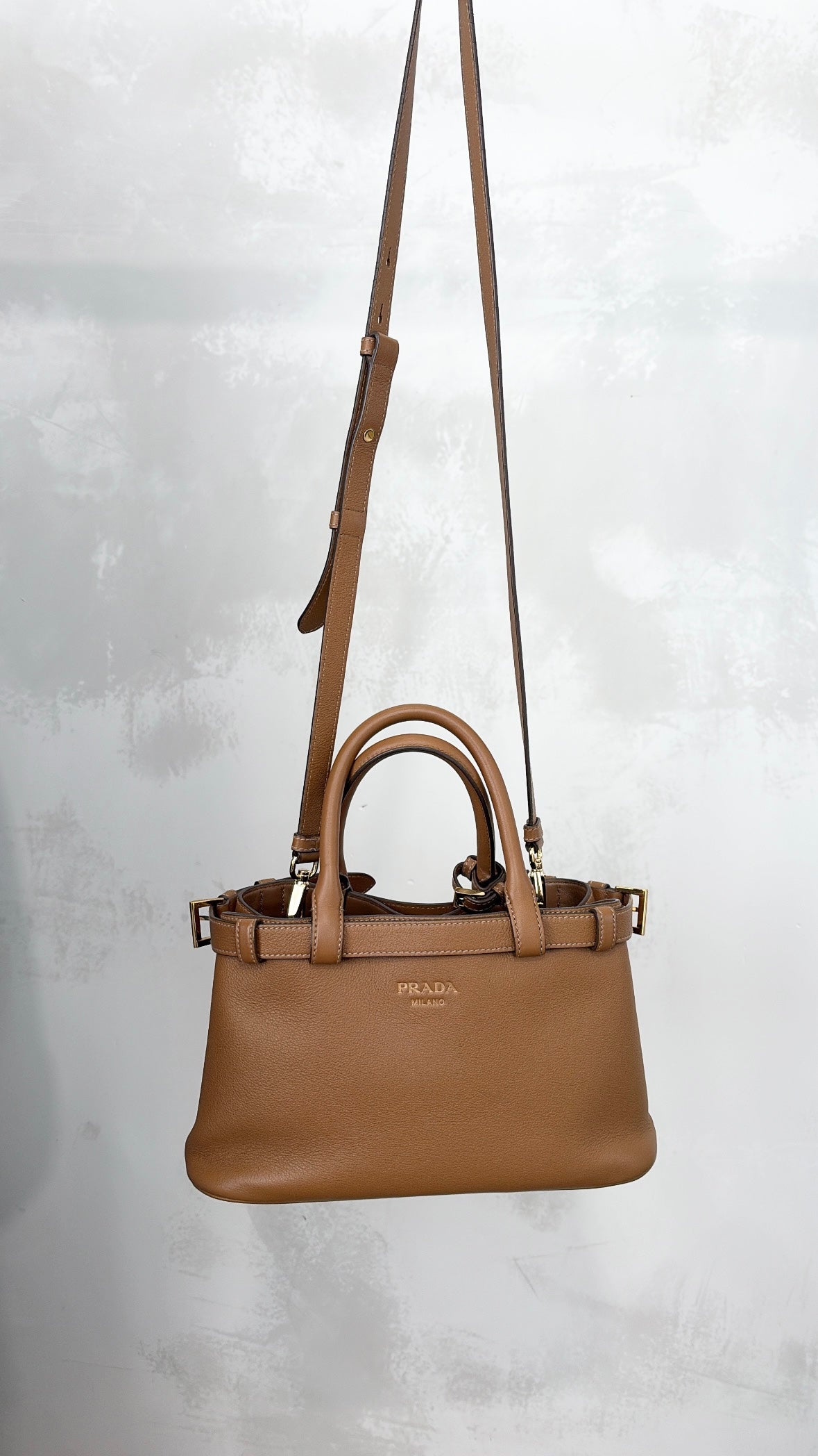 Prada Buckle Small Leather Handbag With Strap Caramel