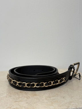 Chanel Black Leather Champagne Chain Belt, 80