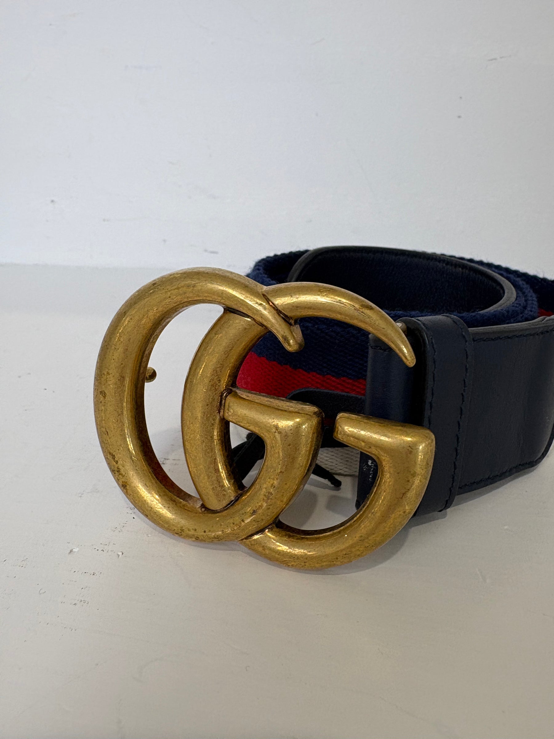 Gucci Navy, Red and White Canvas Strap Marmont Belt, 90