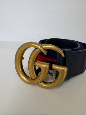 Gucci Navy, Red and White Canvas Strap Marmont Belt, 90