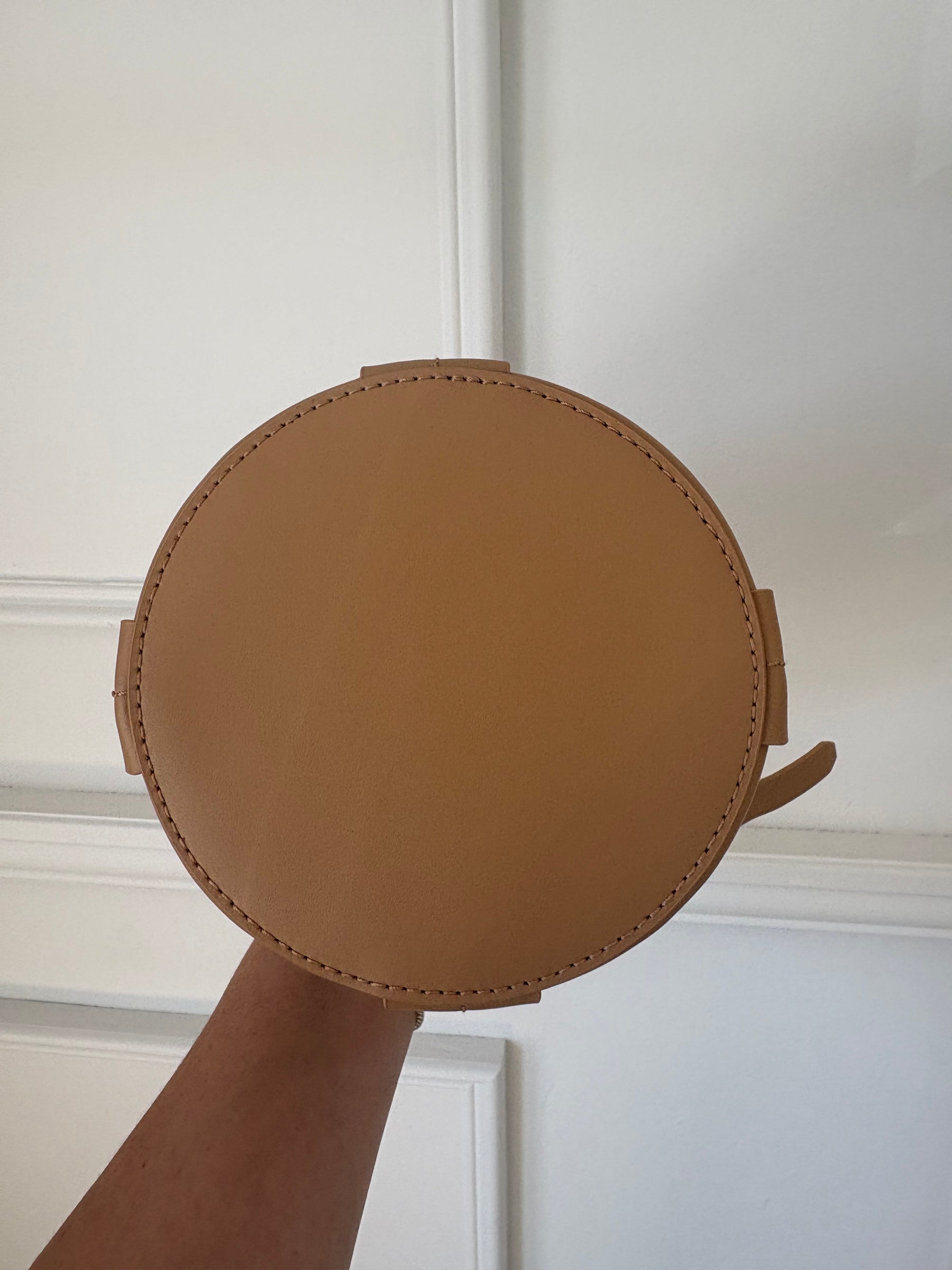 Oroton Beige Leather and Raffia Top Handle Bucket Bag