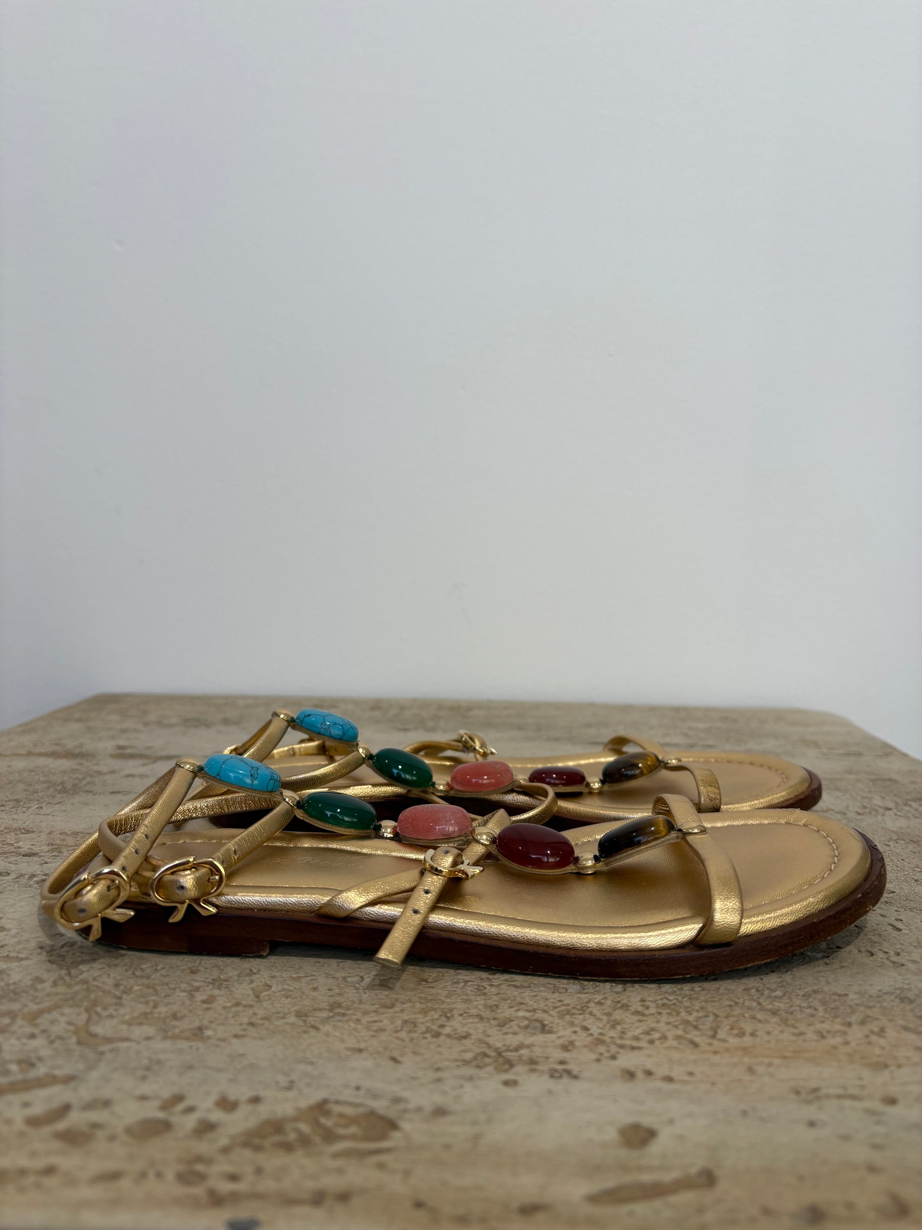 Gianvito Rossi Gold Leather Stone Embellished 'Shanti' Sandals, 35.5
