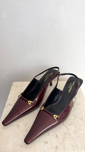 Saint Laurent Burgundy Patent Leather Pointed Carine Slingback Pumps, 38.5