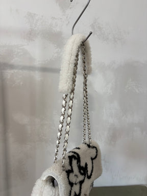 Chanel White and Black Floral Logo Medium Shearling Flap Bag
