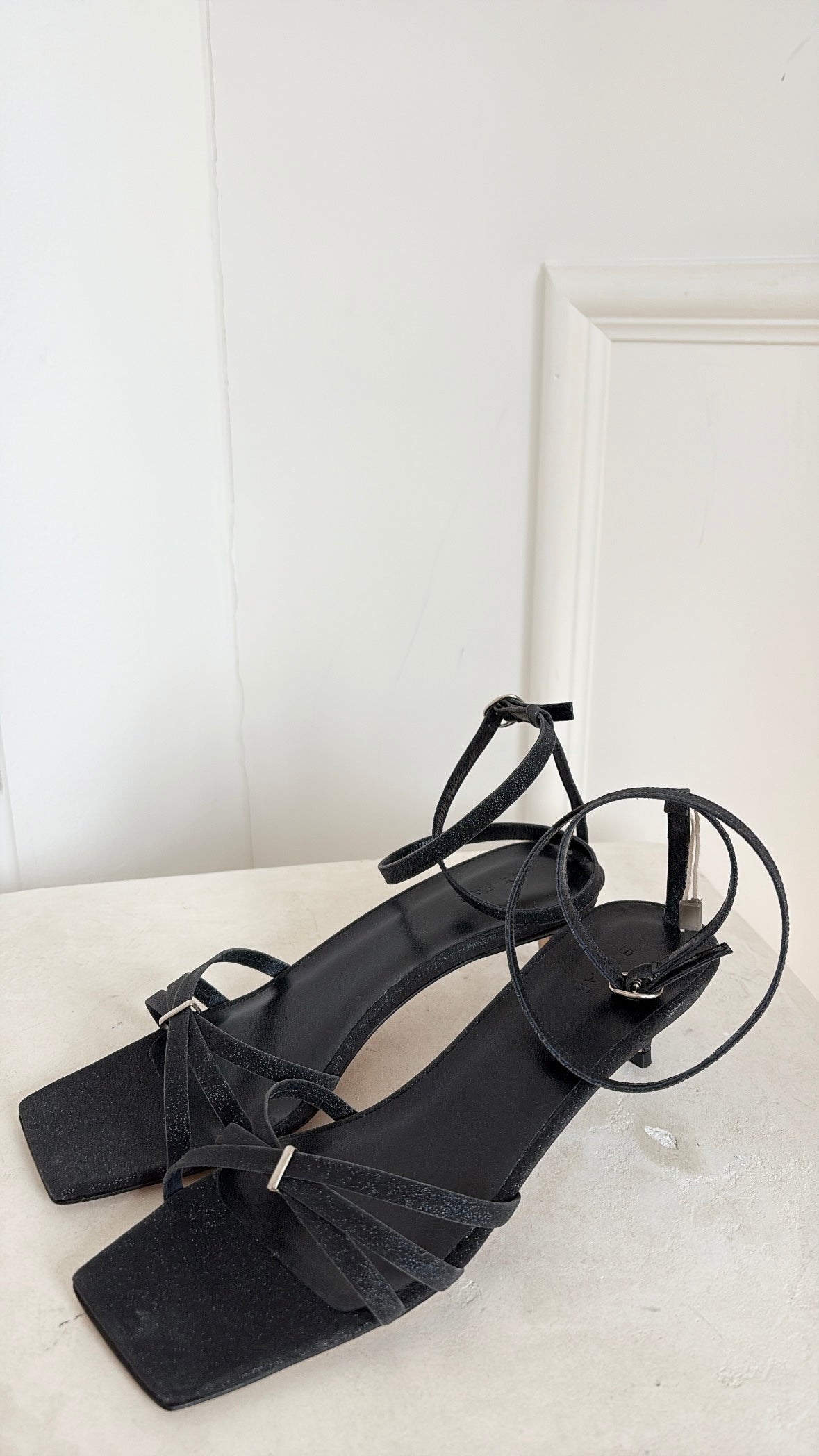 By Far Black Glitter Strappy Kitten Heels, 38