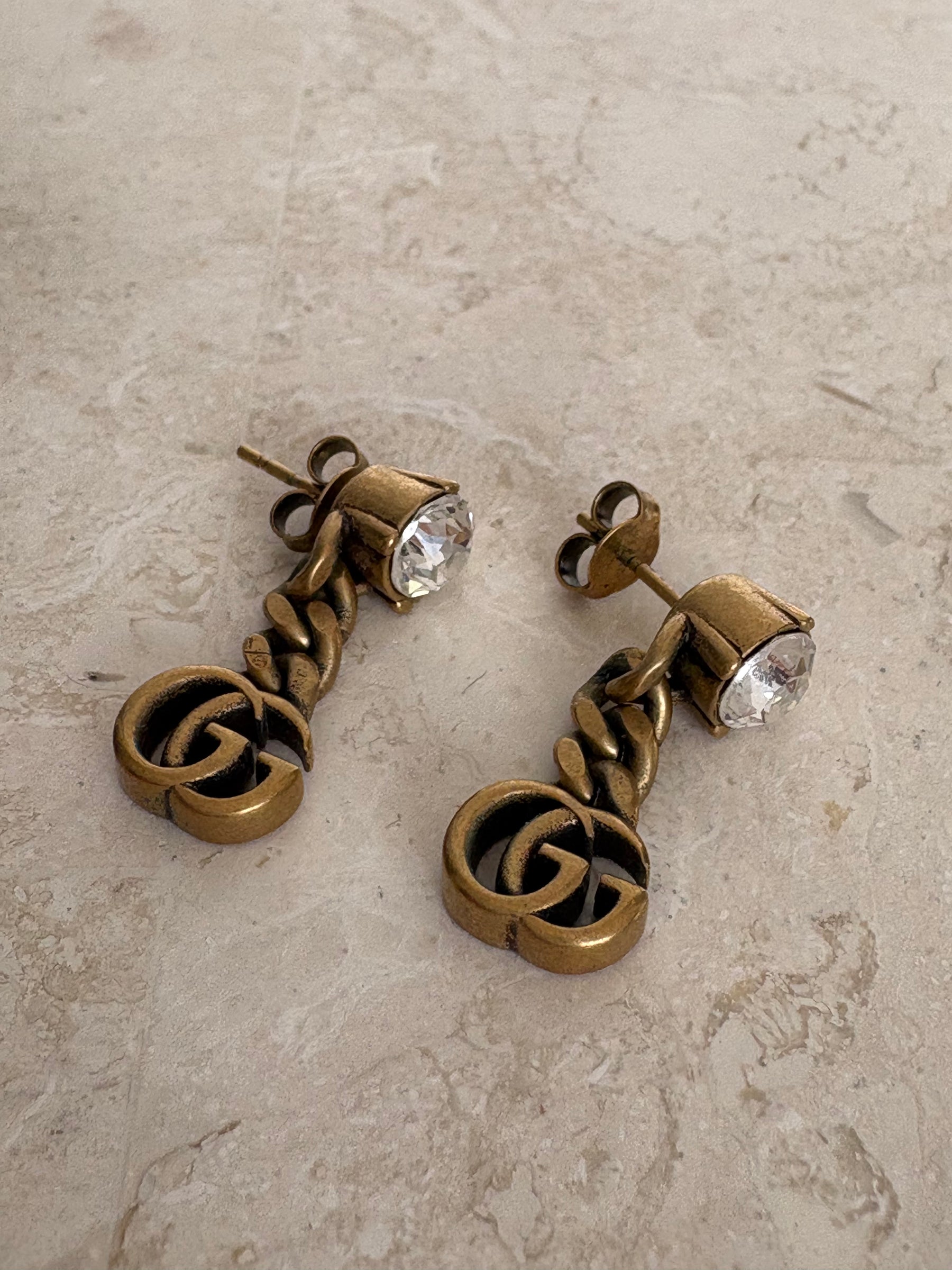 Gucci Brass Crystal logo Drop Stud Earrings
