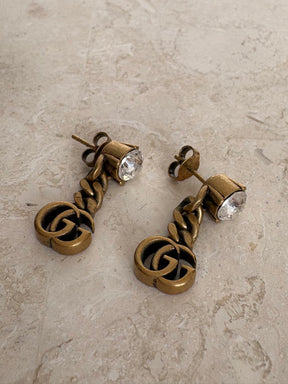 Gucci Brass Crystal logo Drop Stud Earrings