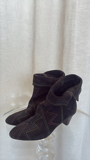 Isabel Marant Black Suede Multi Topstitch Heeled Ankle Boot, 40