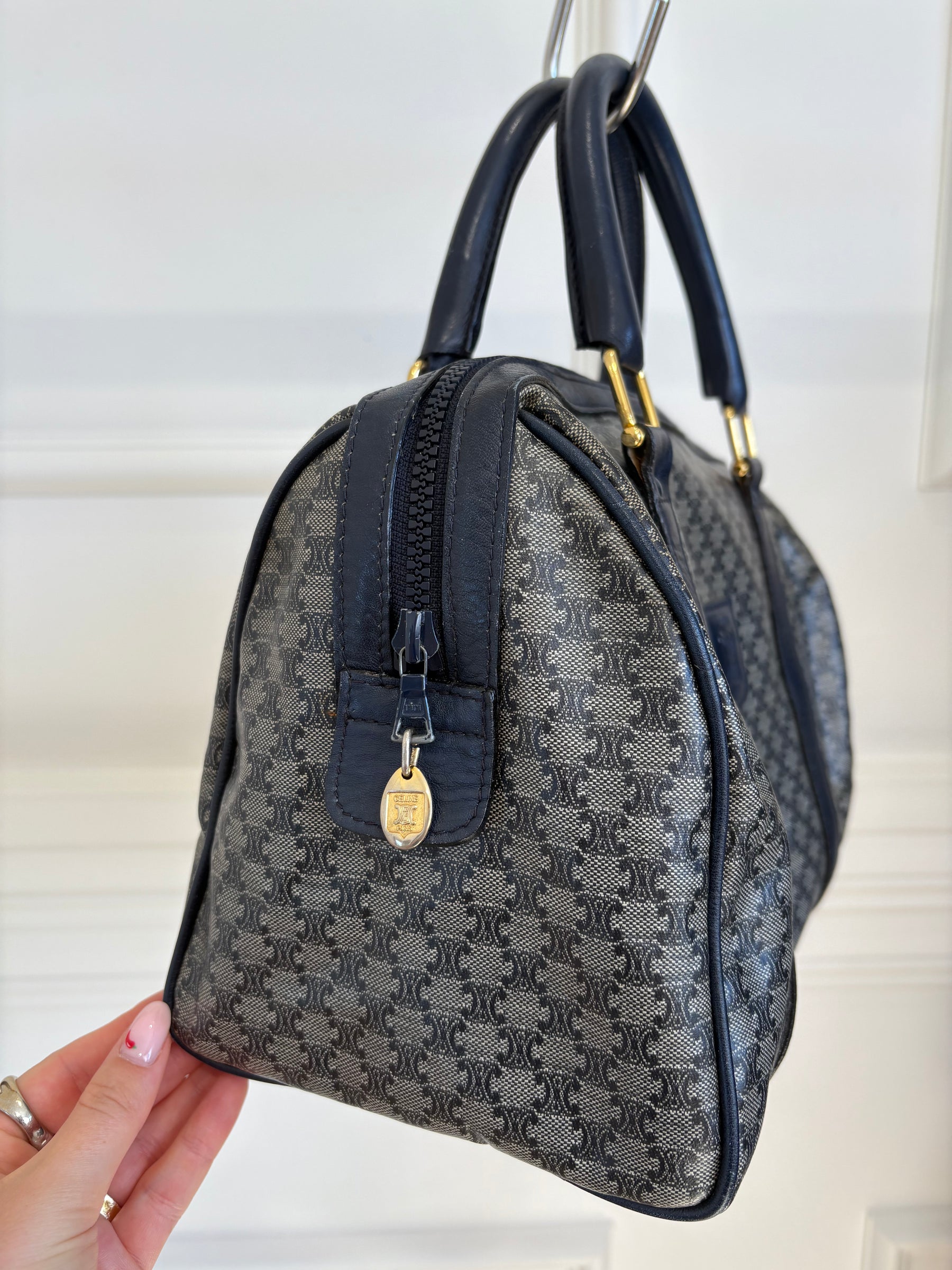 Celine Navy Coated Canvas Triomphe Boston Bag