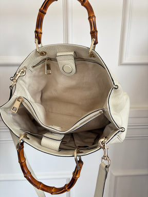 Gucci Bamboo Shopper Leather Tote Cream With Shoulder Strap