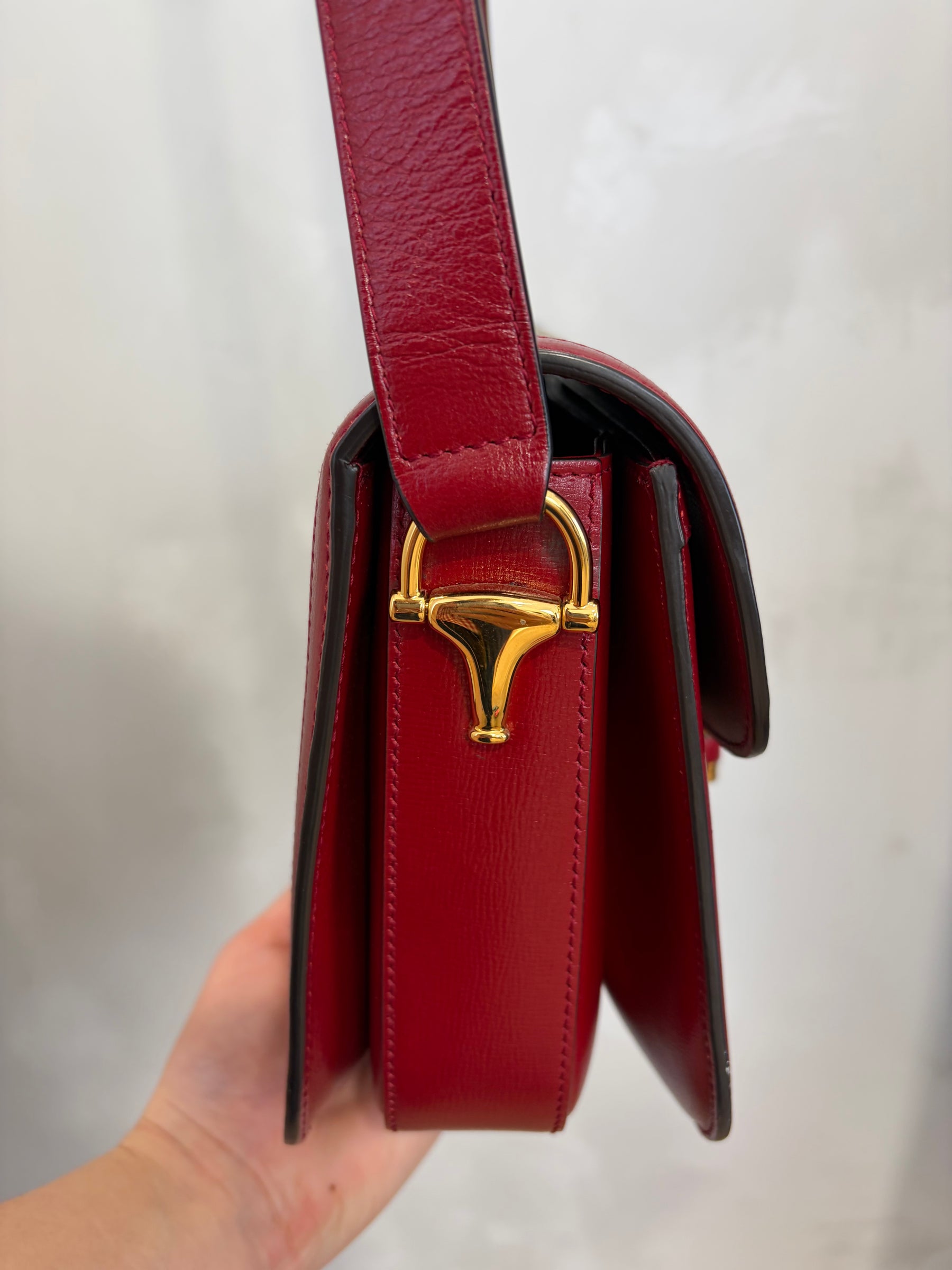 Gucci Coated Canvas Monogram and Red Leather 1955 Horsebit Shoulder Bag