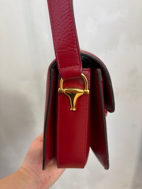 Gucci Coated Canvas Monogram and Red Leather 1955 Horsebit Shoulder Bag