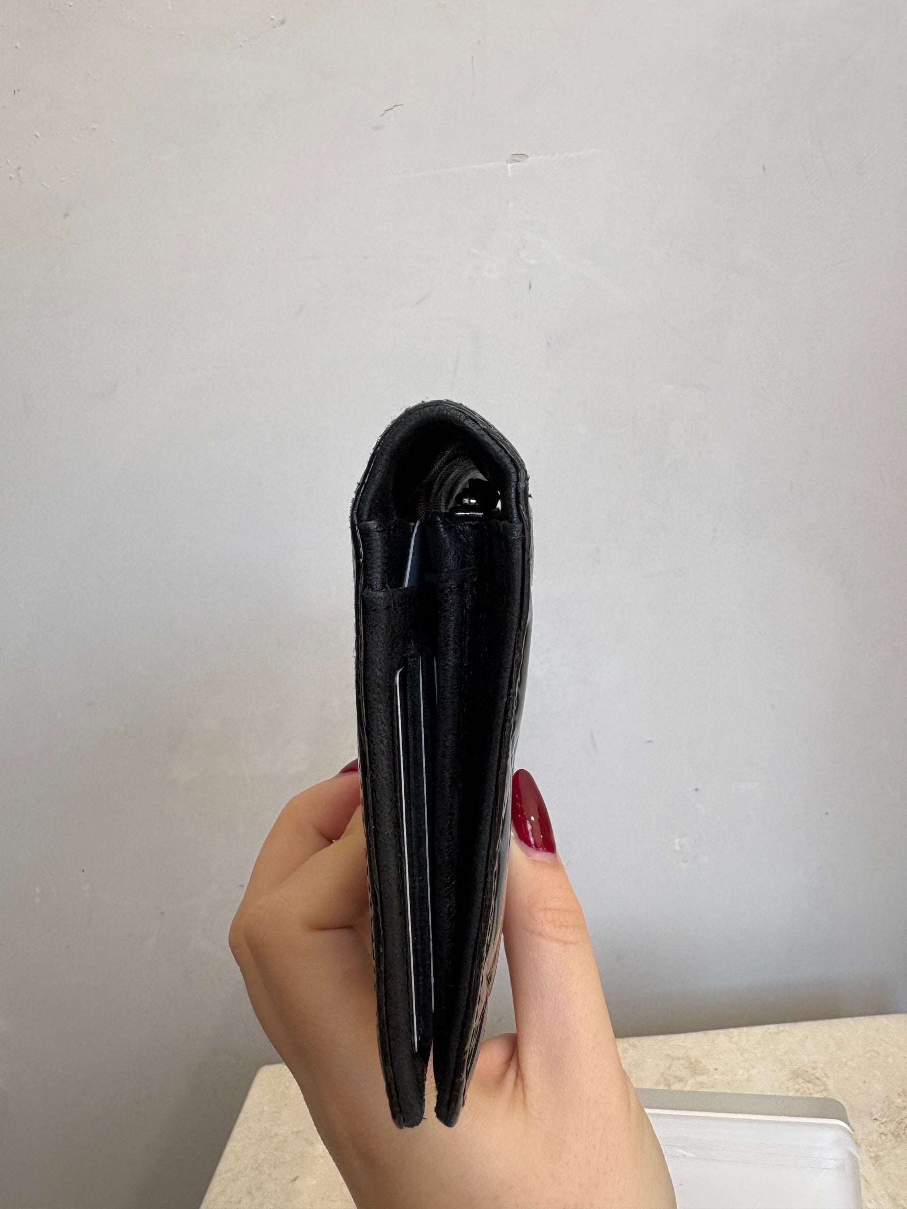 Chanel Black Patent 'Lucky Symbols' Embossed Flap Wallet