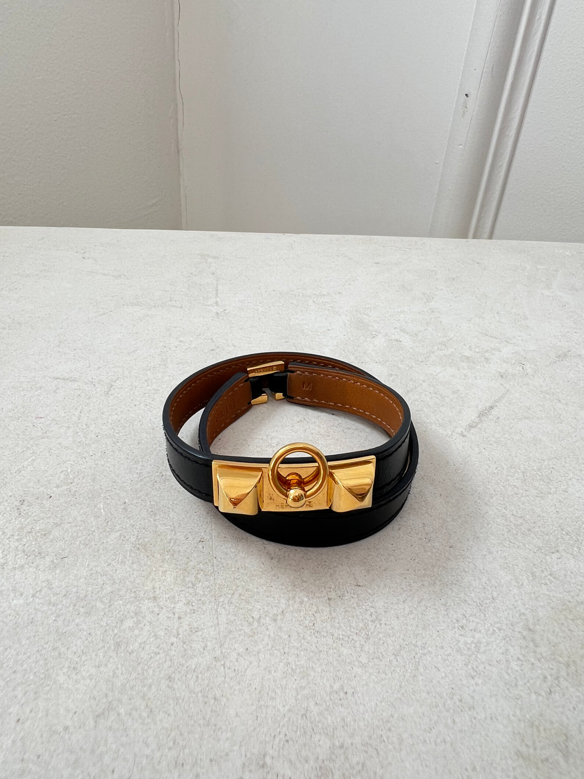 Hermès Black Leather Double Wrap Rivale Bracelet, M