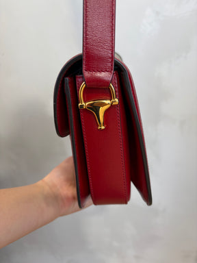 Gucci Coated Canvas Monogram and Red Leather 1955 Horsebit Shoulder Bag