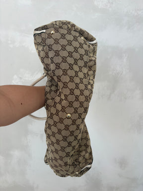 Gucci Canvas Monogram and White Leather Abbey D Ring Hobo Bag