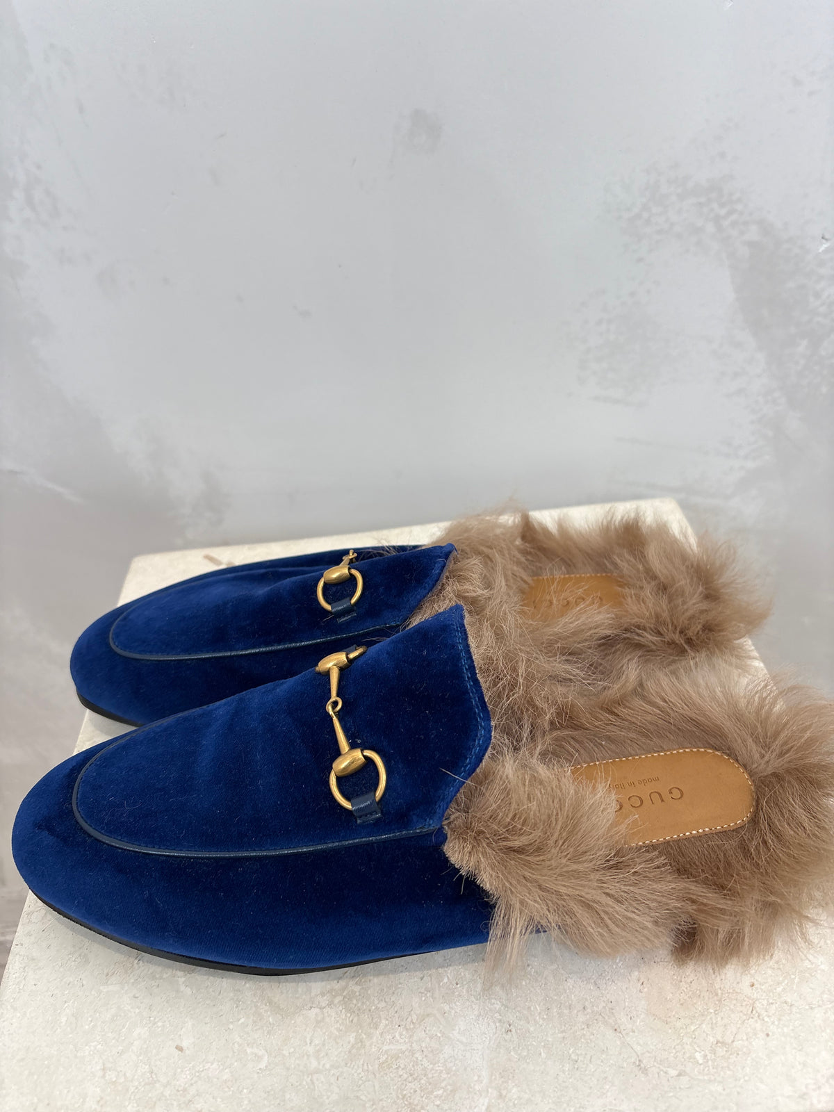 Gucci Blue Suede Shearling Princetown Slippers, 39