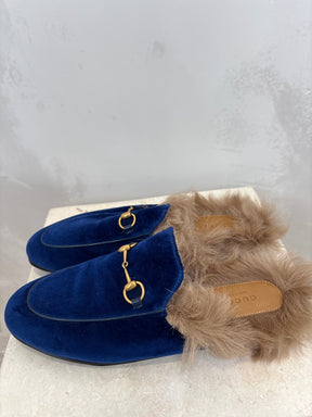 Gucci Blue Suede Shearling Princetown Slippers, 39