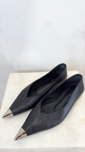 Anine Bing Black Leather Silver Pointed Flats, 37