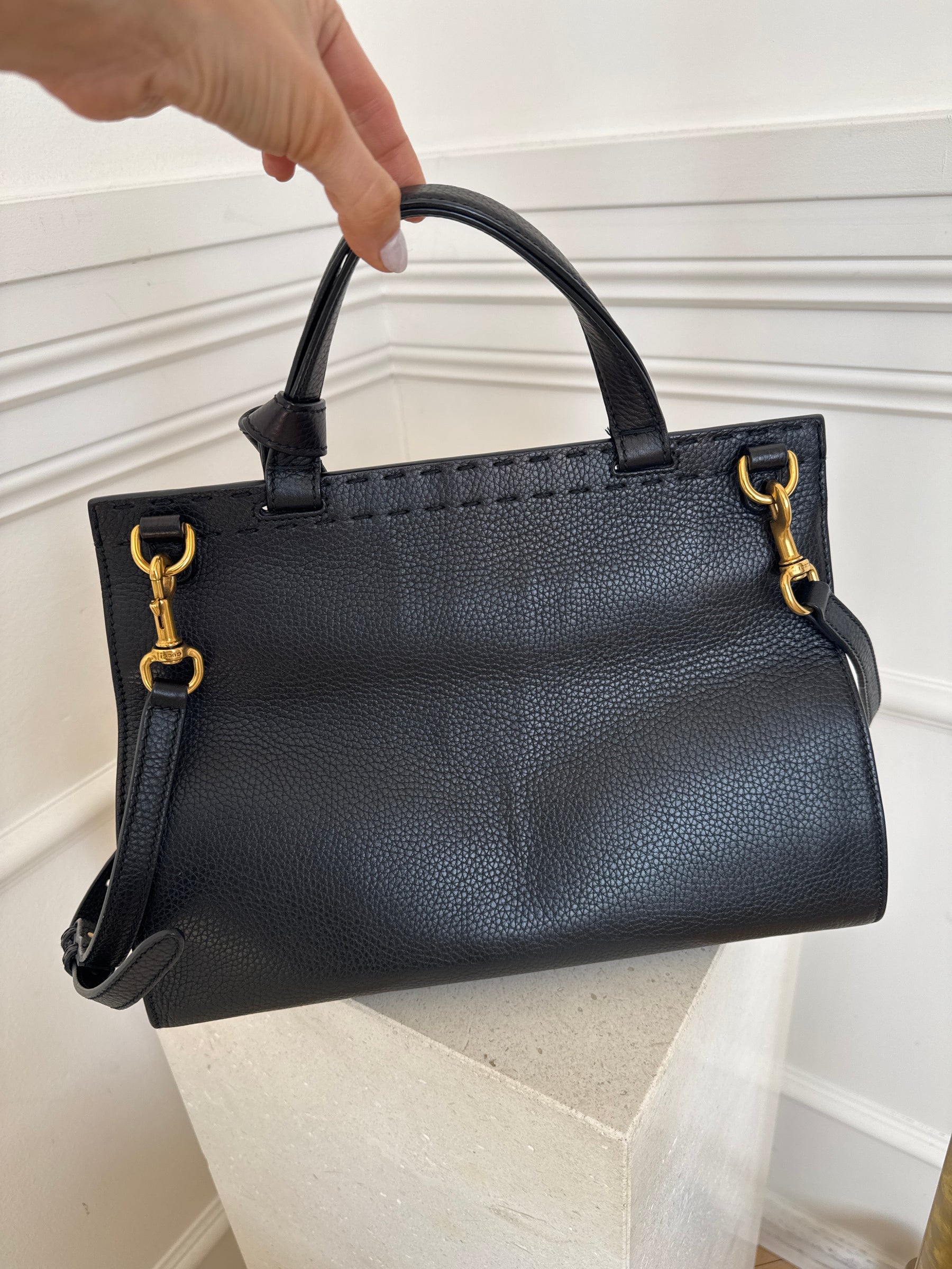 Gucci GG Marmont  Small Top Handle Bag In Black Grain Leather