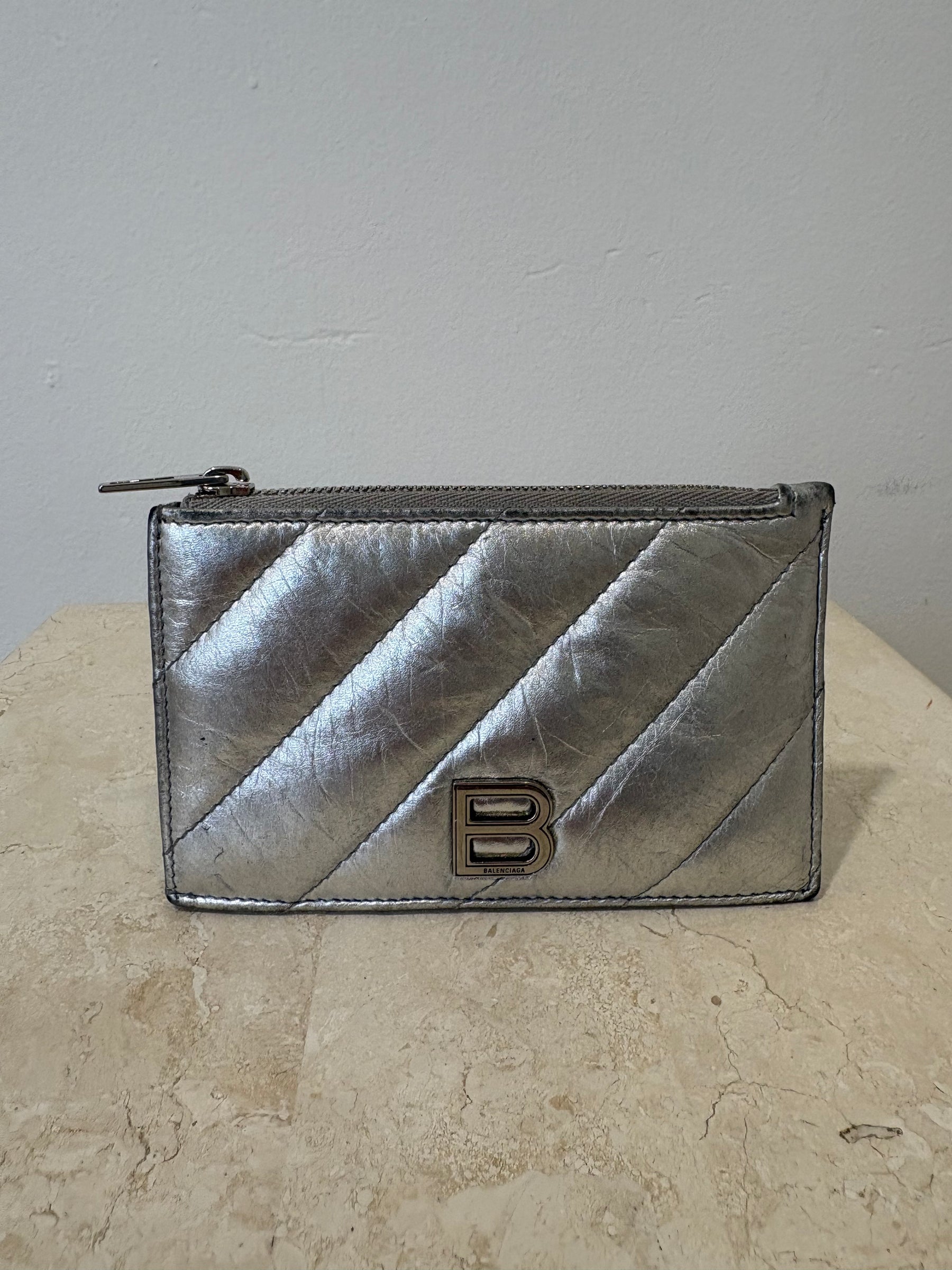 Balenciaga Silver Quilted Leather Card Holder