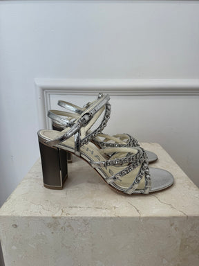 Chanel Silver Chain leather Block Heel Sandals, 38.5C