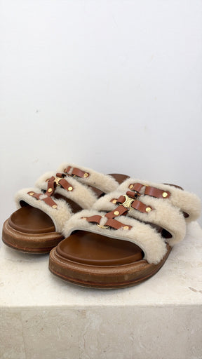 Celine Tan Leather and Cream Shearling Tippi Triomphe Slides, 40