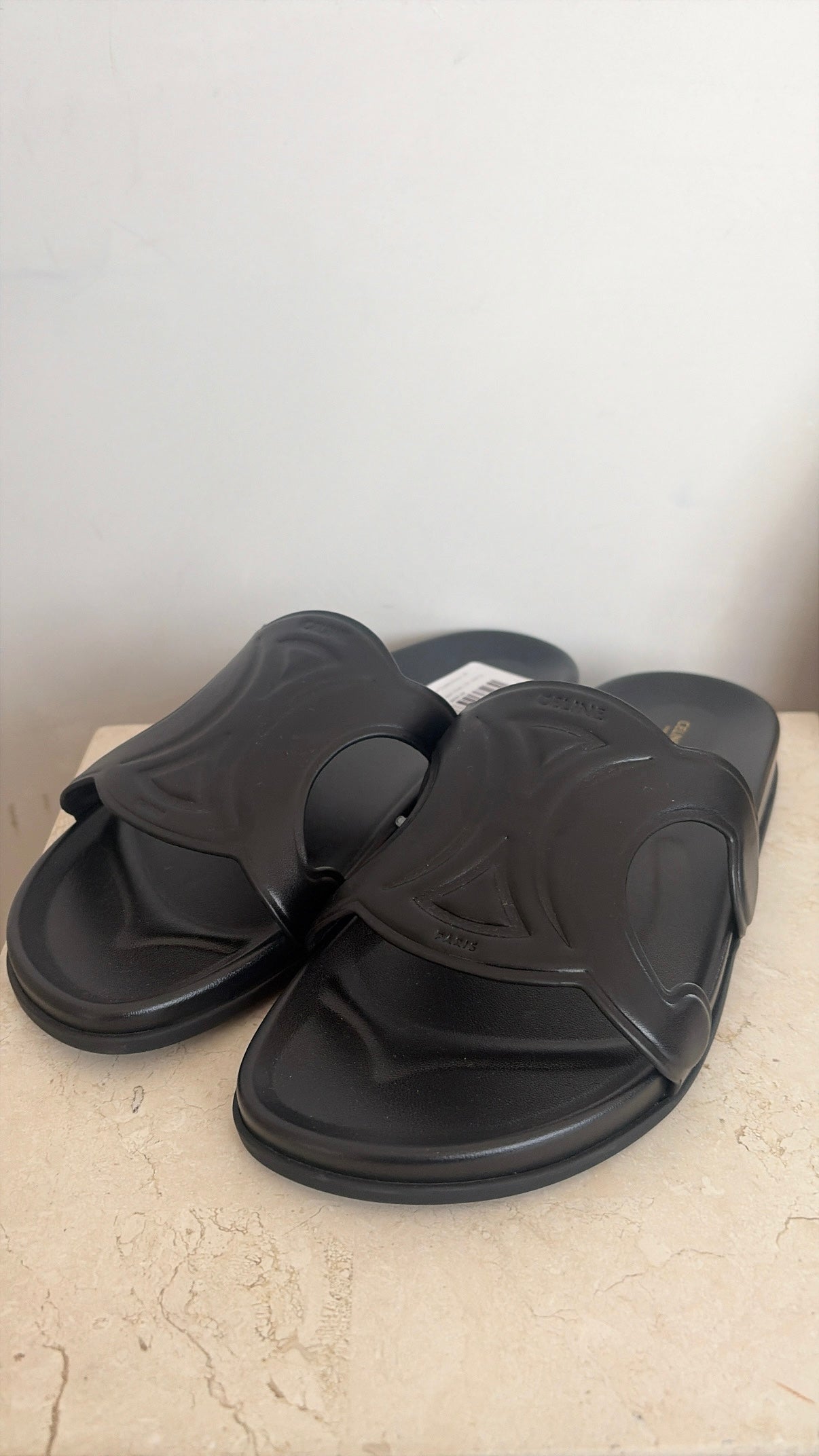 Celine Black Leather Triomphe Slides, 39