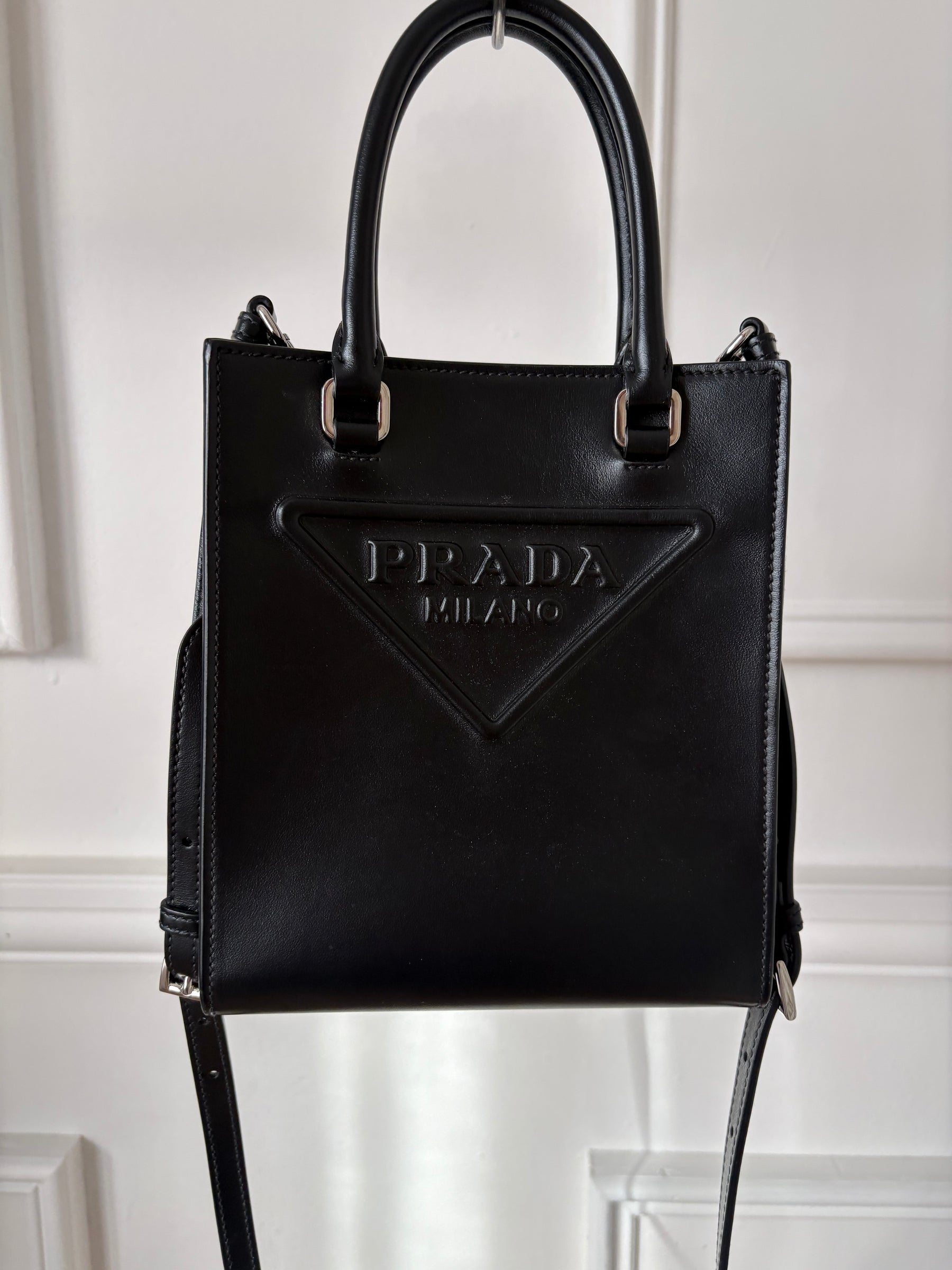 Prada Black Leather Triangle Logo Mini Tote