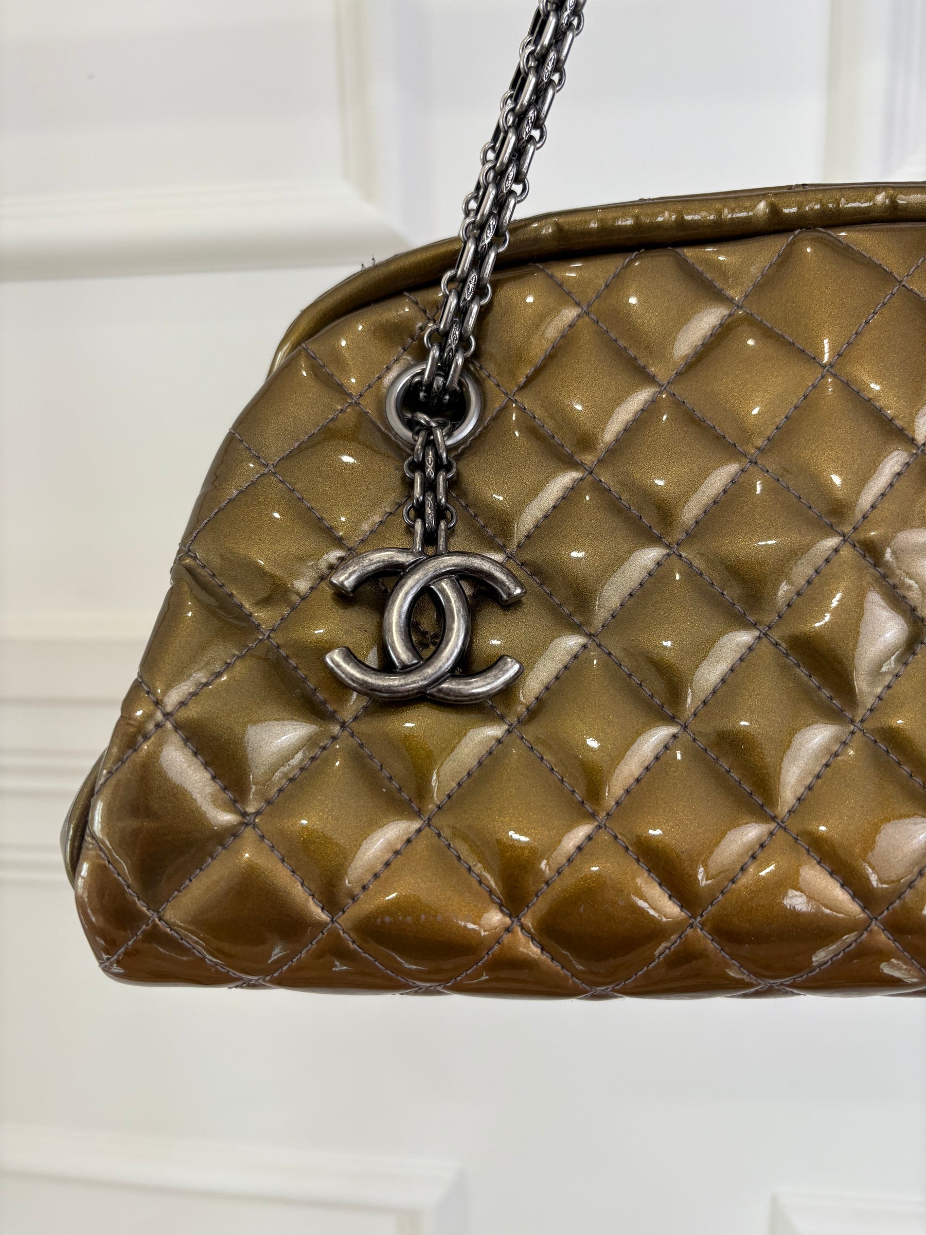 Chanel Khaki Bronze Patent Mademoiselle Bowling Bag