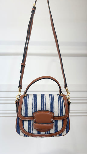 Oroton Blue and White Canvas with Tan leather Top Handle Bag