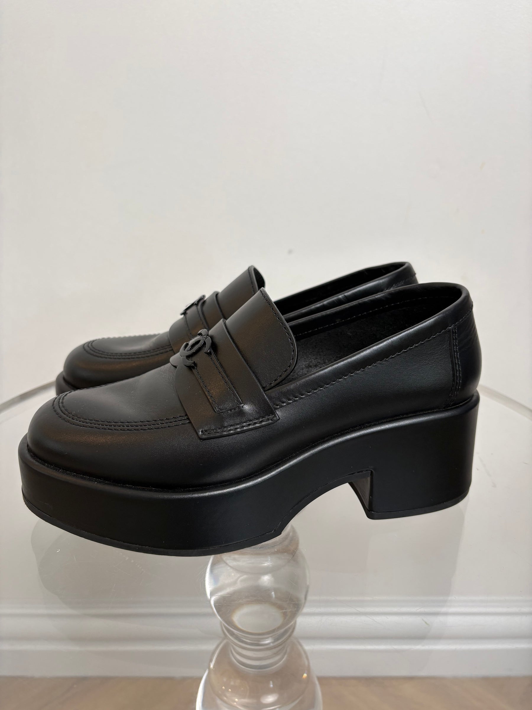 Chanel Black Leather Platform Logo Loafer, 37 C