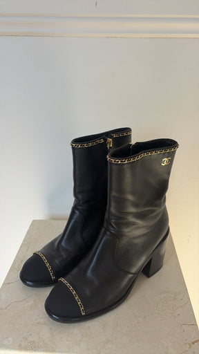 Chanel Black Leather Gold Chain Boots, 36 C