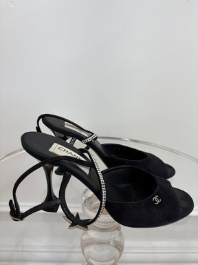 Chanel Black Suede Peep Toe Crystal Star Pumps, 39.5C