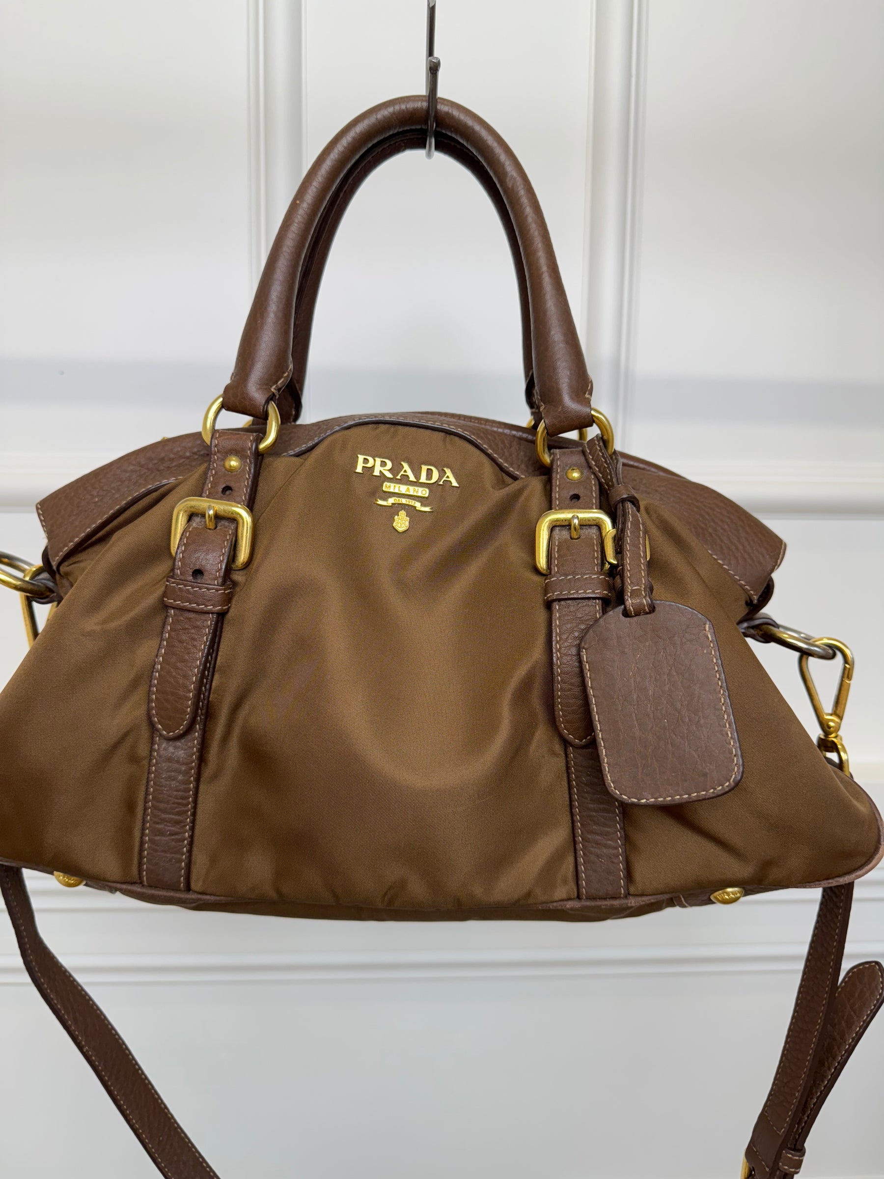 Prada Brown Nylon and Leather Shoulder Tote