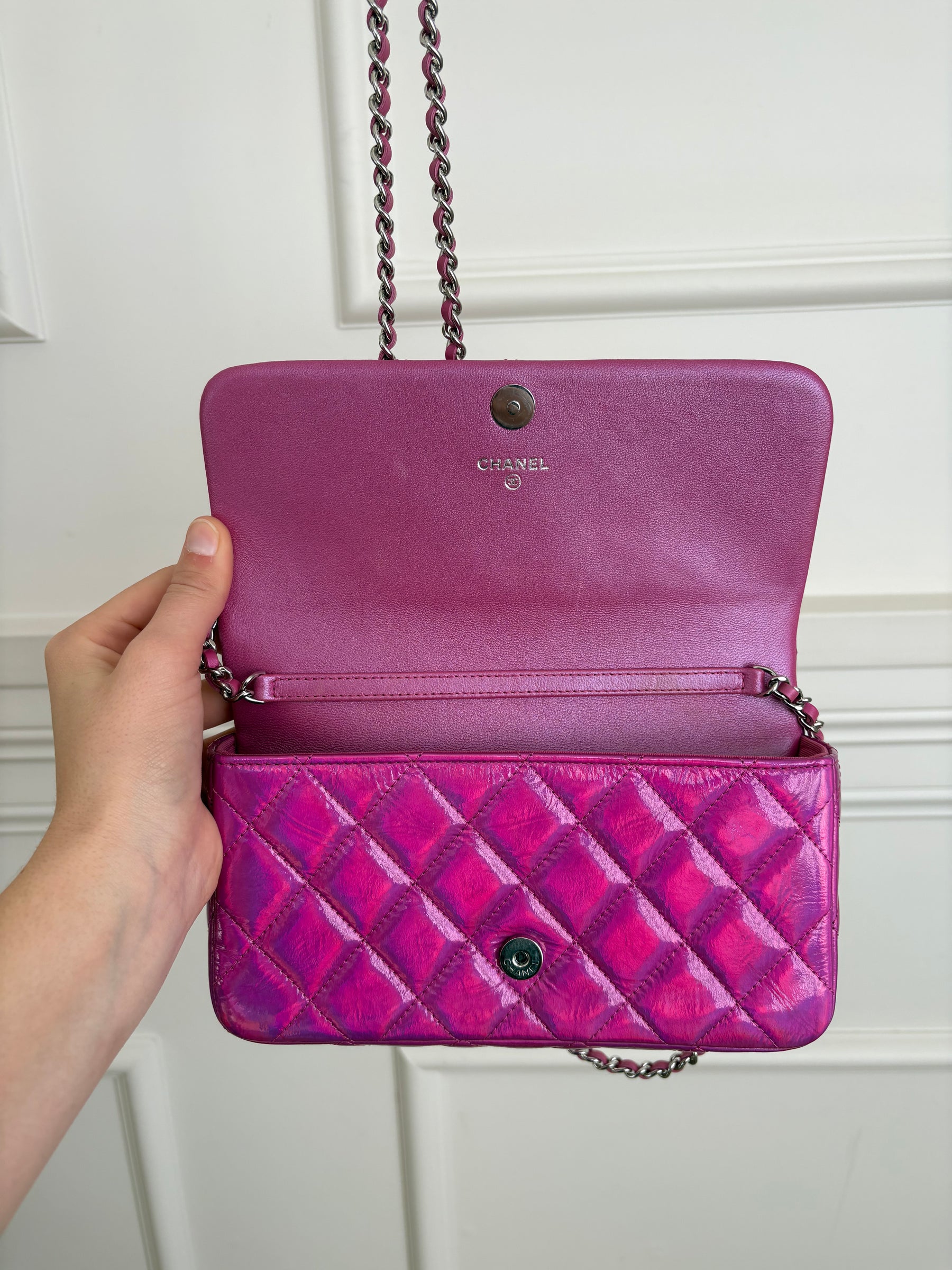 Chanel Pink Holographic Leather Rectangular Flap Bag