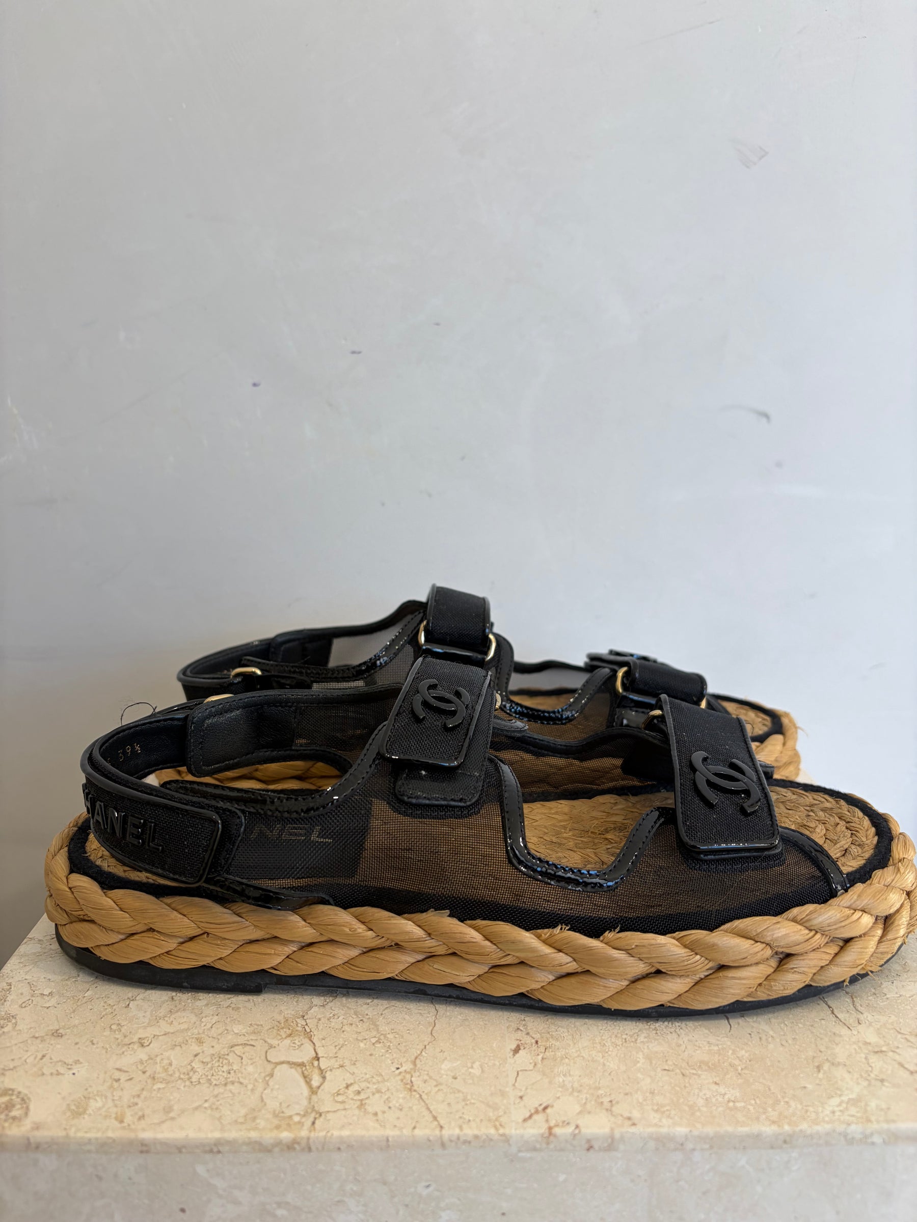 Chanel Black Mesh and Raffia Dad Sandals, 39.5
