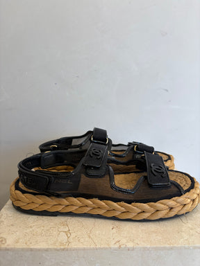 Chanel Black Mesh and Raffia Dad Sandals, 39.5
