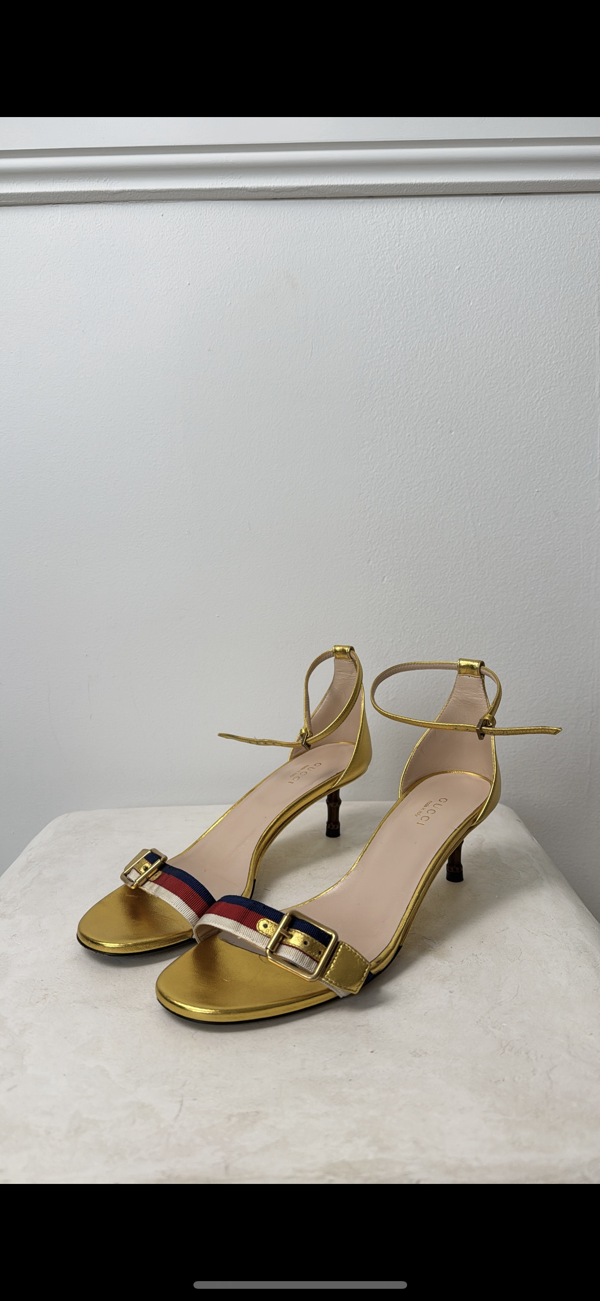 Gucci Gold Blue Red and White Strappy Bamboo Heel, 38.5
