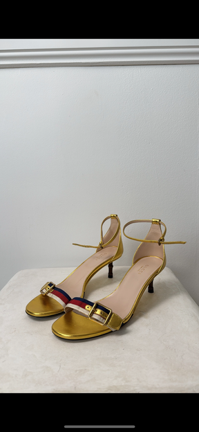 Gucci Gold Blue Red and White Strappy Bamboo Heel, 38.5